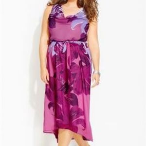 Purple leaf print high low dress